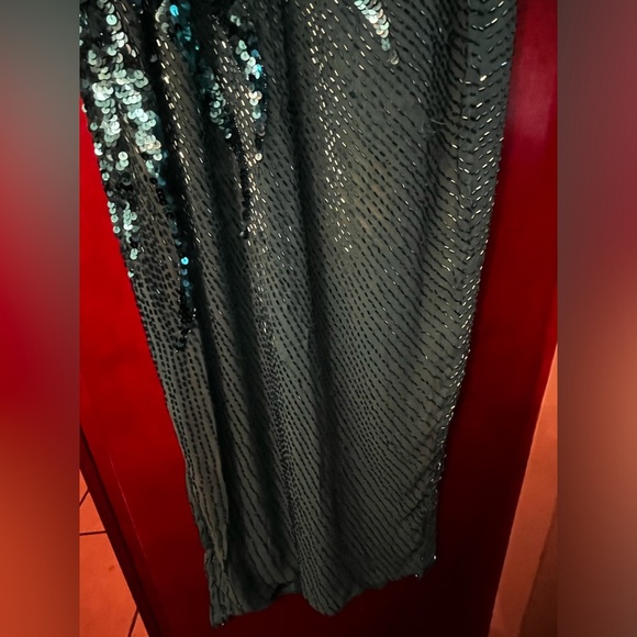 Demetrios Designs Turquoise 80s 90 Beaded Evening Gown Sz M Long Sleeve Cut Out - Picture 9 of 11